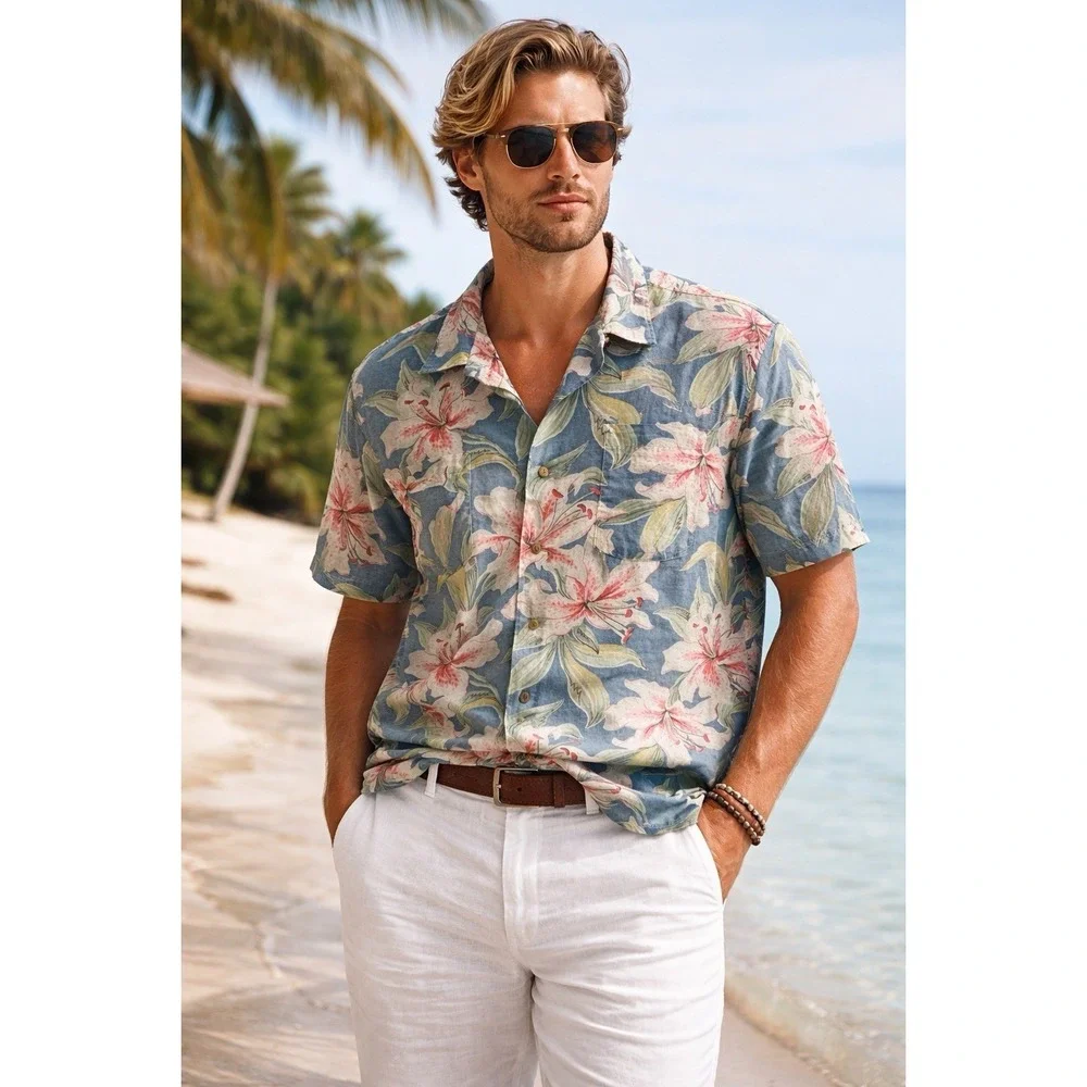 Polo Ralph Lauren Mens 100% Linen Hibiscus Print Hawaiian Tropical Camp Shirt 2X
